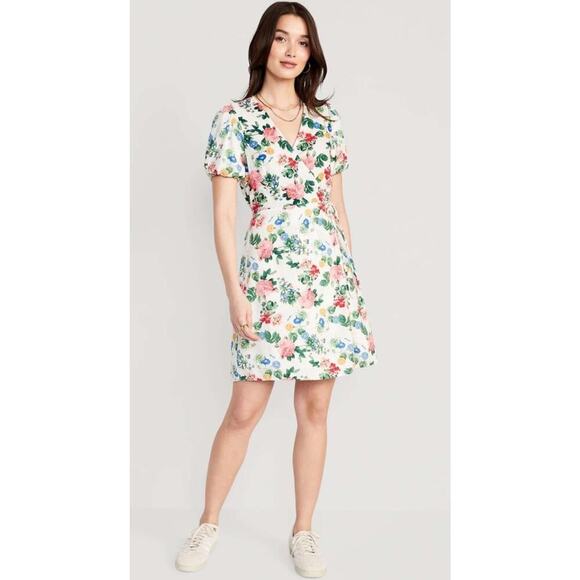 Old Navy Dresses & Skirts - Old Navy Linen Blend Puff Sleeve Wrap Dress Lite Pink Rose Large Beachy Summer